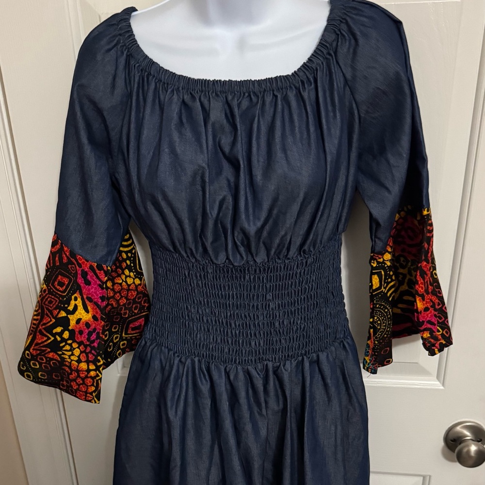 African Ankara Print Denim Smocking Off Shoulder Dress Juneteenth OS W/Scarf NWT
